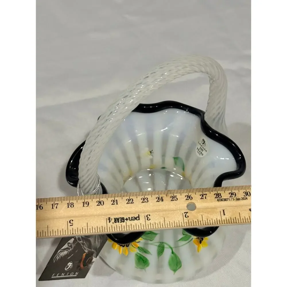 Fenton 100th Anniversary Hand-Painted Glass Basket SunflowersBees w/Original Tag